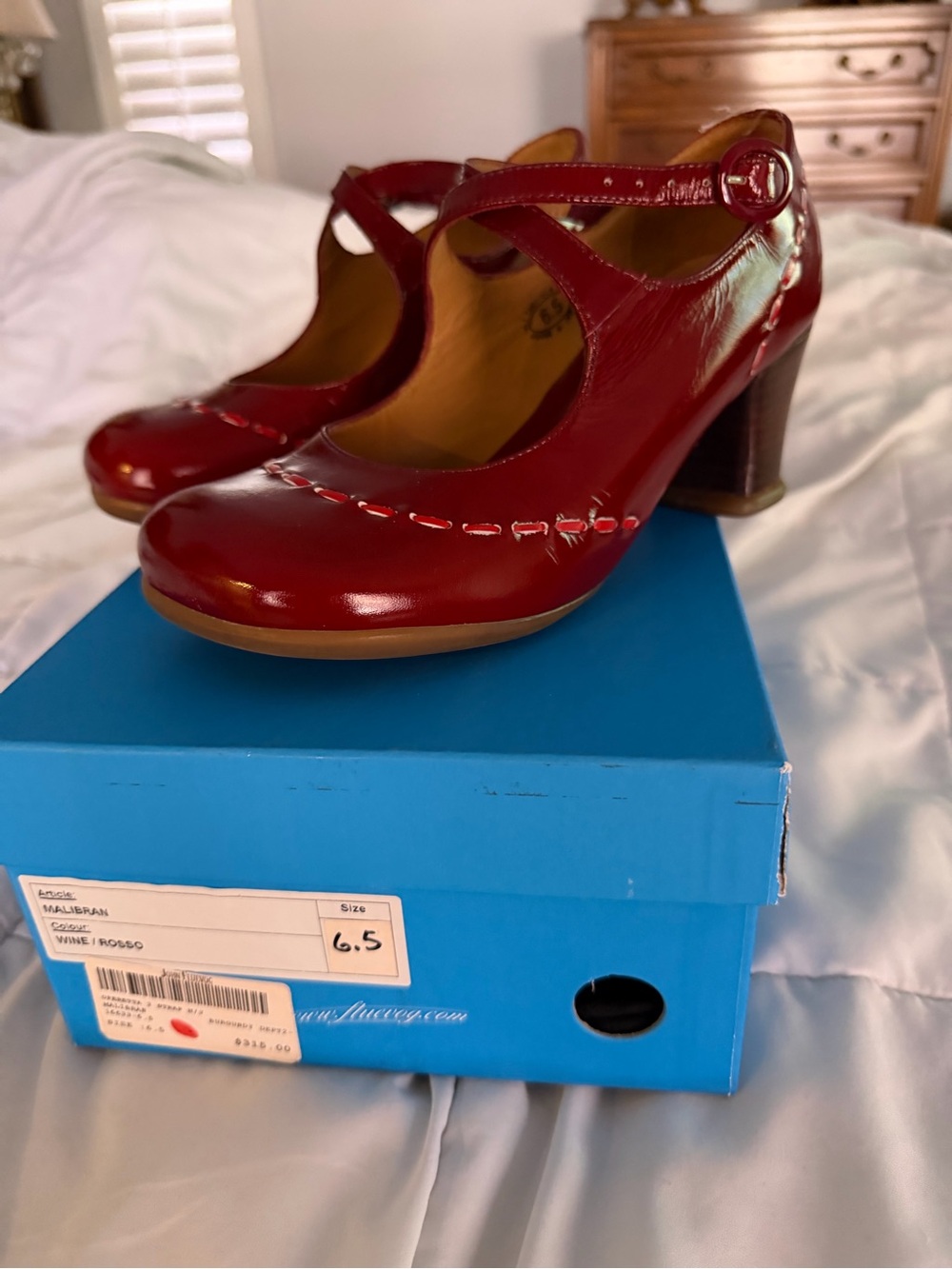 John Fluevog Wine/Cherry Red Mary Jane Block Heels